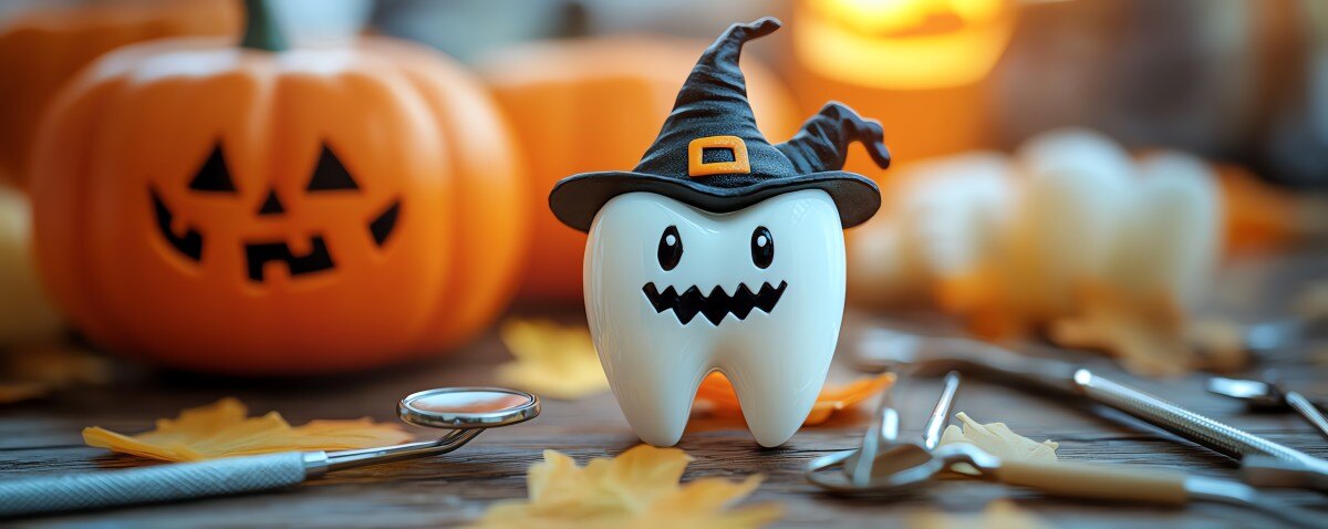 Tooth dressed as witch on a table with dental equipment and a pumpkin 1030170044