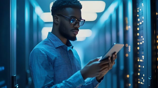 Man reviews tablet while standing in server row at data center 1033659495