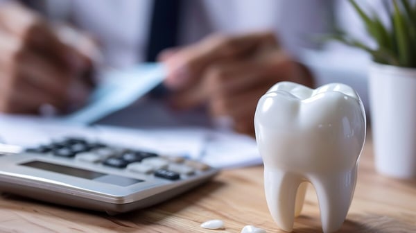 ceramic tooth and calculator in forefront while dentist works on revenue cycle management in background 1099769854