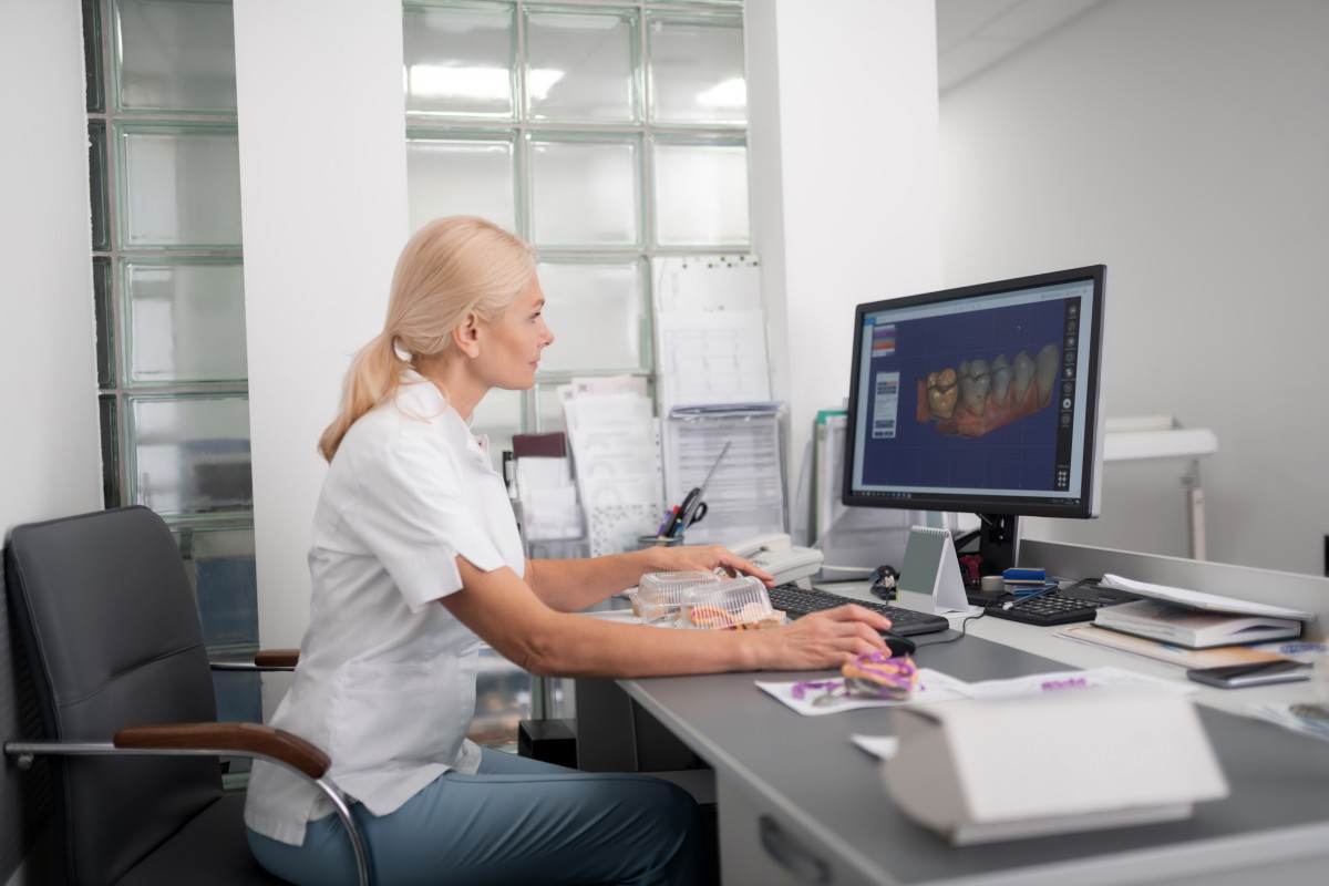 Dentist looks a model on computer