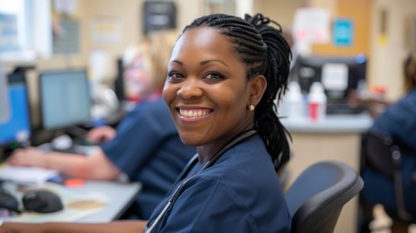 Young Black woman smiling as healthcare staff works at computers 752128715