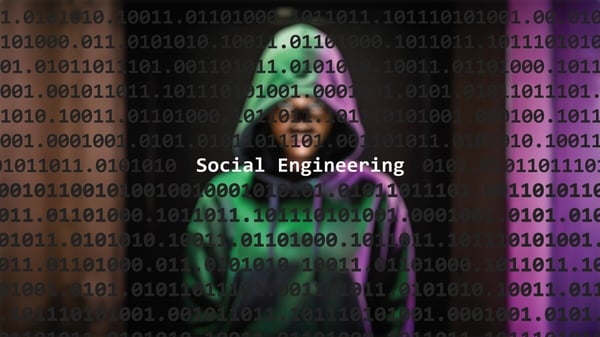 Menacing person behind code and text reading social engineering 763206249