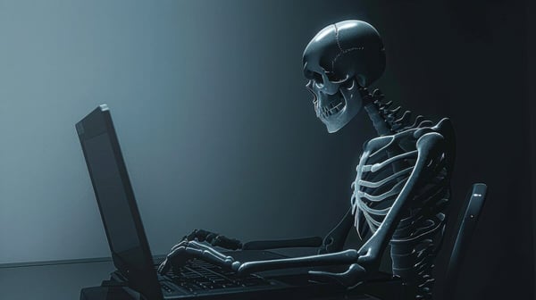 Skeleton in shadow sits at laptop 807160837