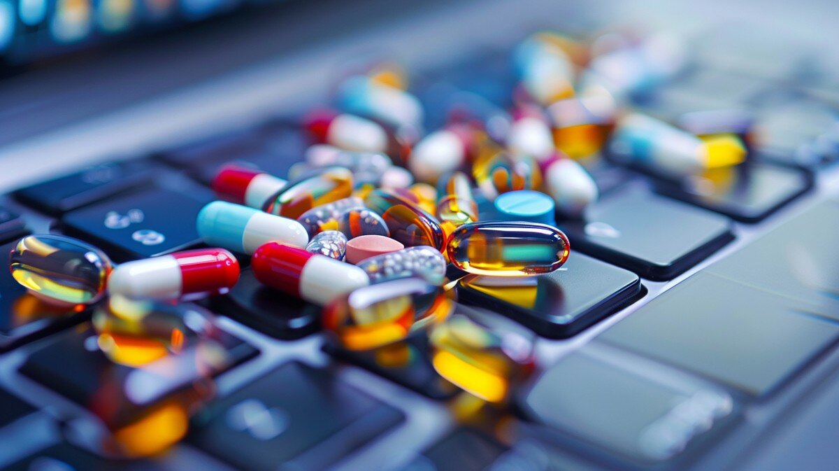 multi-colored pills and capsules on a keyboard 833045668