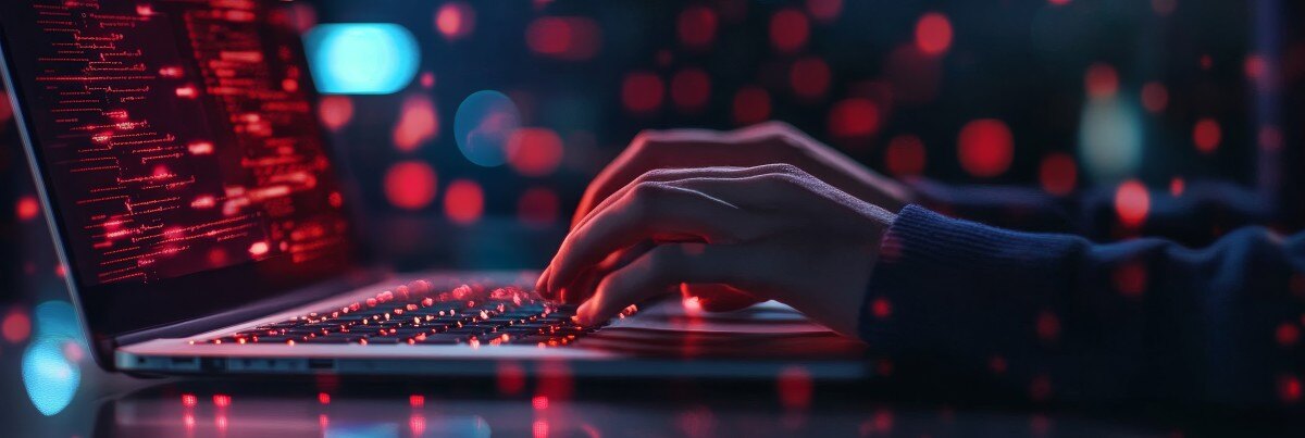 Hands on keyboard, with red background, and code overlay 940310277