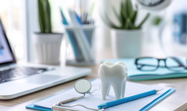 tooth sculpture on stack of paper work and dental tools with laptop972271044